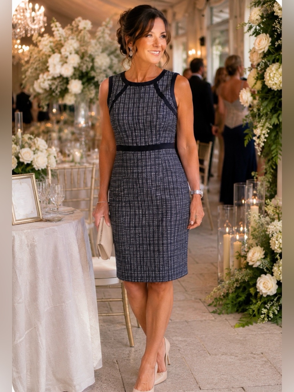 Talbots Petites 4P Navy & Ivory Textured Sheath Dress | Classic Career | Lined